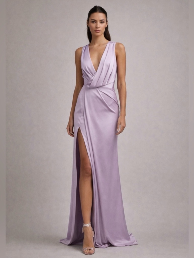 Fame & Partners Lilac Satin Gown Plunge V Neck High Slit Maxi Dress Size 2 Nwt